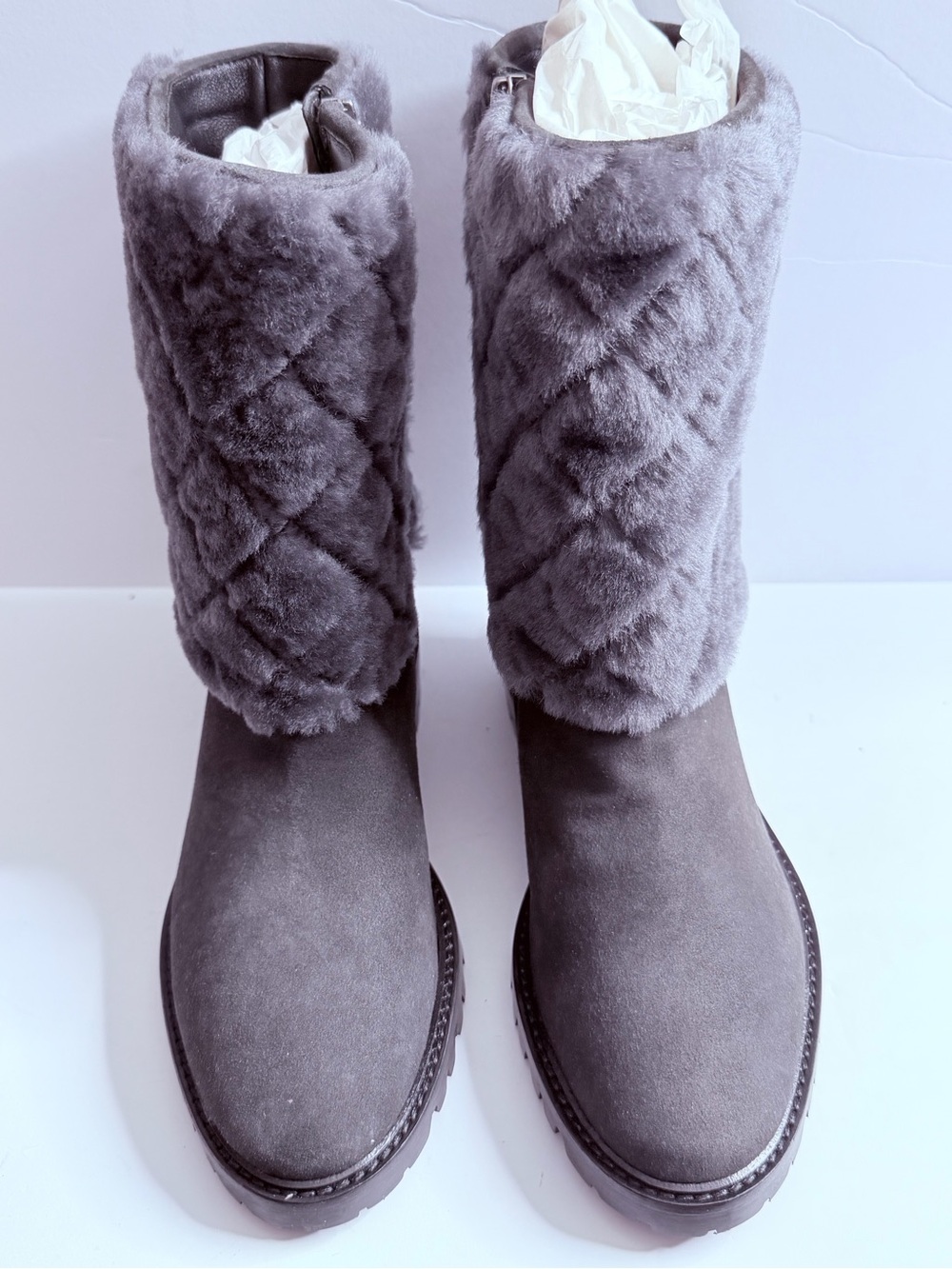 Aquatalia Gray Quilted Faux-Fur Mid-Calf Boots